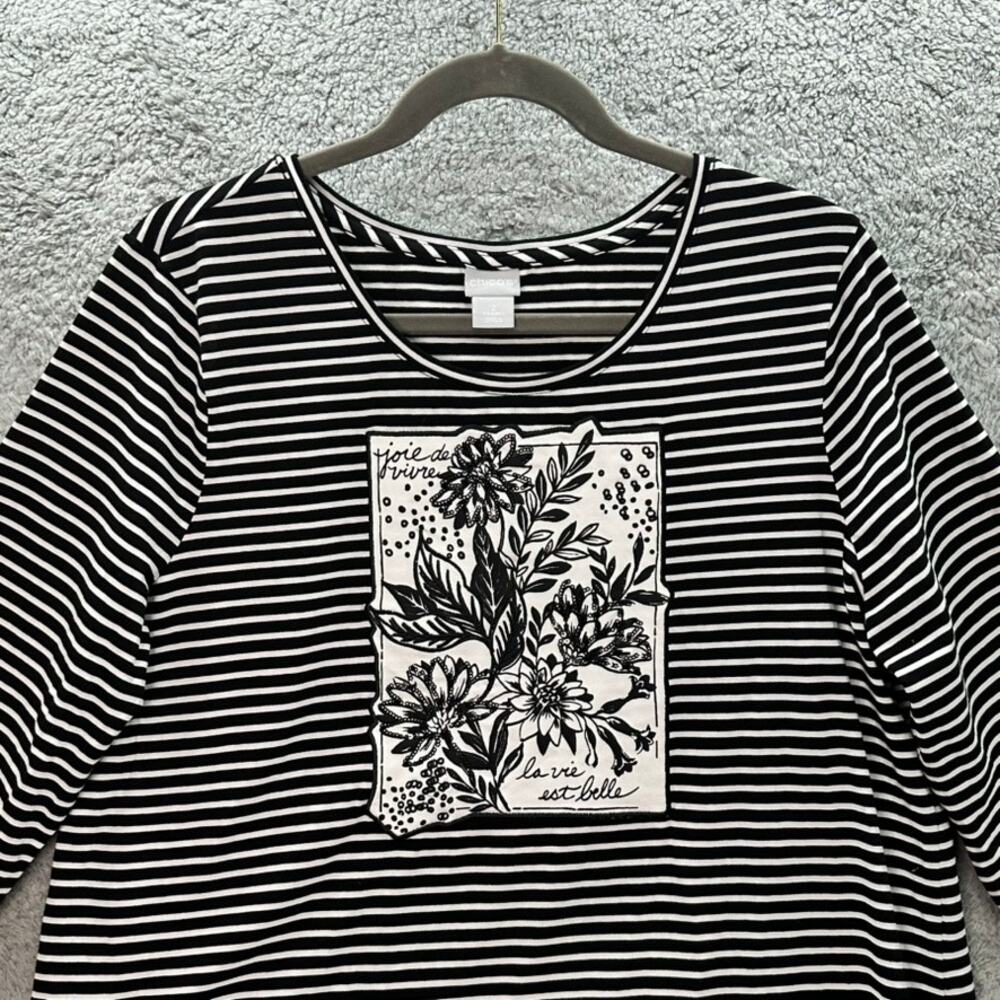 Chico's Size 2 Top Black White Striped Embroidered Floral Design Joie De Vivre - Picture 4 of 10